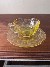 Vintage Cameo Ballerina Topaz Yellow Depression Glass Cup & Saucer picture