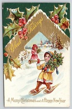 Children Carrying Holly in Snow Merry Christmas Happy New Year Embossed Postcard picture