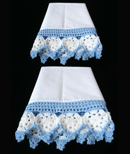 New White-blue hand Crochet trim Pure Cotton White PillowCases Standard Pair picture
