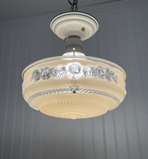 RESTORED Vtg Semi Flush Mount Glass Ceiling Light Art Deco 1920s 1930 1940 Gold picture