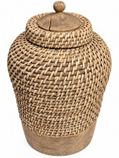 Boho Chic Large Handwoven Rattan and Wood Ginger Jar With Lid From the Philippin picture