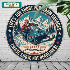 Snowmobile Winter Sports Round Tin Sign Faux Wood Pattern Wall Decor picture