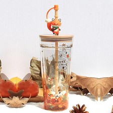 Starbucks Autumn Leaves Rabbit And Fox 20oz Double Wall Glass Straw Cup Tumbler picture