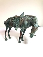 VTG Heavy Hollow-Cast Bronze Tang Dynasty Style War Horse Verdigris Patina 5 lbs picture