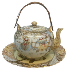 Antique Japanese Moriage Tea Pot and Saucer Plate Scalloped Hand Pianted Enamel picture