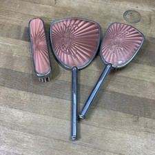 Vintage 1930s Art Deco Pink Guilloché Vanity Set Mirror Hair Brush Clothes Brush picture