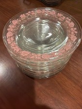 Vintage Dominion Glass Pink Floral Dessert Plates Clear Glass Set of 14 MCM picture