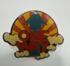 VTG 1970’s ONE WAY Enamel Lapel Pin Retro Sunshine Rays Fluffy White Clouds picture