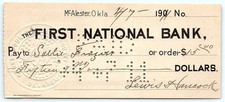 1908 Vintage Oklahoma Bank Check, McAlester, OK. Braille-lik picture
