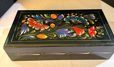 Mid-Century Ukrainian Hand-Painted Black Lacquer Wood Keepsake Box – Floral Folk picture