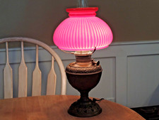 Antique 1898 B&H Bradley & Hubbard Brass Oil Lamp Converted Red Glass Globe picture