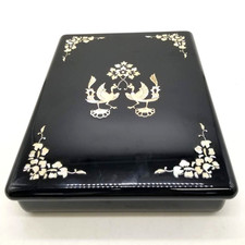 Vintage Japanese Black Lacquer Box with Phoenix and Floral Mother-of-Pearl Inlay picture