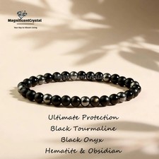 Ultimate Protection Bracelet Black Tourmaline Gold Sheen Obsidian Onyx Hematite picture