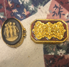 Lot of 2 Gold Tone Metal Hinged Pill/Trinket Boxes Oval & Rectangle picture