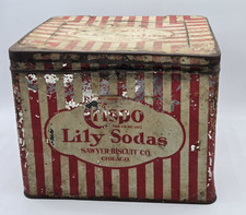 Vintage Crispo Lily Sodas Sawyer Biscuit Co. Tin Box Chicago Red Stripe RARE picture