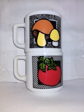Vtg 1970s Hazel Atlas MUSHROOM Toadstool & Tomato Milk Glass Coffee Mug RARE Lot picture