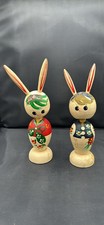 Vintage MCM Wood Kokeshi Bobble Head Nodding Easter Rabbits Japan KAWAII KITCH picture