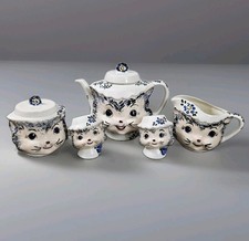 Vtg Miss Priss Cat 7pc Set Teapot Sugar Bowl Creamer Anthropomorphic Signed picture