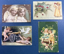 4 Children Greetings Antique Postcards. Young Girls, Angels.Drawn & Photo Style picture