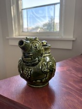 Vintage Green Ceramic Jug with Mythical Devil Face Spout and Cherub Reliefs picture