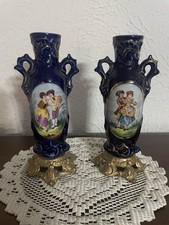 Vintage Pair Cobalt Blue Porcelain Vases Courting Couple Gold Gilt Footed 6” picture
