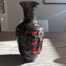 Vintage Chinese Black on Red Cinnebar carved Vase, Blue inside Enamel picture