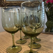 Vintage Set of 6 Green Stemmed Wine Glasses 14 oz. Round Glass  picture