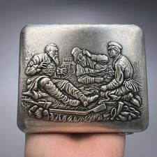 1952 Vintage USSR Cigarette Case Tobacco Box Engraved Silver Plated Hunters picture