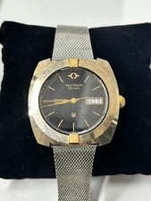 Auth WALTHAM Vacuum Day Date Watch Black Dial Silver Band JUNK Not Working picture