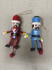 Vtg Set 2 Pull String Puppets Wood Christmas Ornaments Jumping Jack Pre-Owned picture