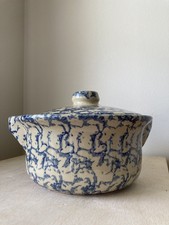Vintage Roseville Blue Spongeware Crock + Lid Robinson Ransbottom With Handles  picture