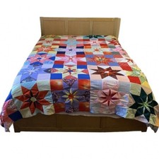 Vtg 70s Polyester Quilt Topper 87x87 - Hand Stitched Star Flower Dahlia Retro picture