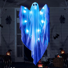 Halloween Hanging Light up Ghost, 47” White Ghosts with Blue LED Light and Timer picture