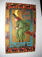 WITCH RUSHES HOME TO FEED CATS 1912 antique used embossed postcard CHROMOLITHO picture