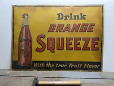 Vintage 1930s Orange Squeeze Tin Sign Original Rare Crush Fruit Flavor 28x20 NOS picture
