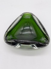 Vintage Mid-Century Modern Olive Green Heavy Art Glass Ashtray Bowl 6