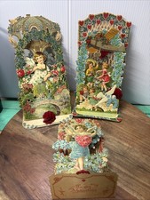Antique 3D Die Cut Pop Up Valentine Cards Lot 3 Victorian Fold Out Stand Up 1928 picture