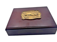 Vintage Large Wooden Box with Fish Motif Plaque - Dark Mahogany Finish picture