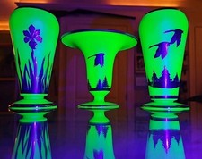 Set Of 3 Tiffin Uranium Green Satin Glass Rockwell Vases with Silver Overlay picture