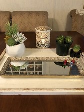 Vintage Mirror Vanity Tray Gold Tone Filigree 16” x 6” Hollywood Regency Style picture