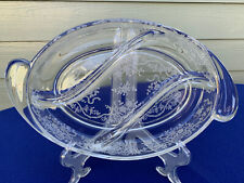 Fostoria Romance large oval relish tray, etched overall, doubled handles, 12