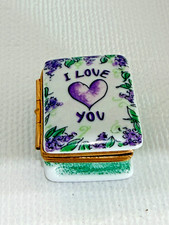 Vintage Limoges France I LOVE YOU Hand Paint Porcelain Trinket Box Purple Heart picture