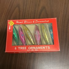 Vintage Kmart Hand Blown Glass Christmas Ornaments Teardrop Torpedo Poland Boxed picture