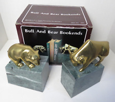 Vintage Brass Bear & Bull Stock Market Marble Bookends Pair Original Box picture