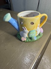 Vintage Ceramic Easter Bunny Spring Watering Can Planter Vase  picture