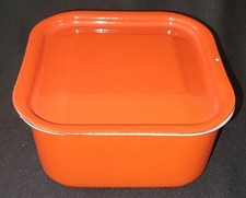 Enamelware Refrigerator Cast Metal Storage Orange/Red Dish & Cover Vtg Farmhouse picture