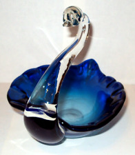 Vintage Hand Blown Glass Swan Blue Clear Trinket Dish Bird picture