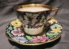 Vintage Rosina England Bone China Black Gold Floral Tea Cup & Saucer Set England picture