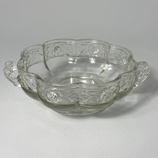 Vintage Clear Pressed Glass Bowl Floral Rose Pattern Double Handle Serving Dish picture