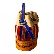 VTG El Salvador Miniature Bucket Bag Keychain Leather Woven Art Souvenir 1.5” picture